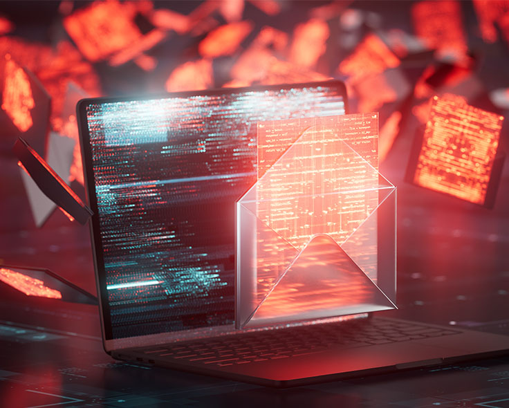 Im Mittelpunkt steht ein Laptop mit bunten, unleserlichen Symbolen auf dem Bildschirm. Davor befindet sich ein transparenter Umschlag mit einer leuchtend roten E-Mail in gelber Schrift. Im Hintergrund sind zahlreiche Fragmente solcher E-Mails durcheinandergewürfelt.